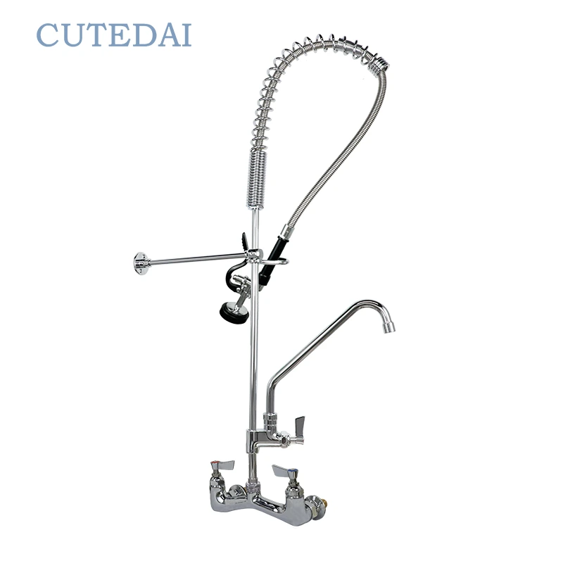 Robinet d&#39;évier de cuisine commercial de style industriel, prérinçage, finition chromée, montage mural, installation à 2 trous, douchette extractible, garantie de 3 ans 1