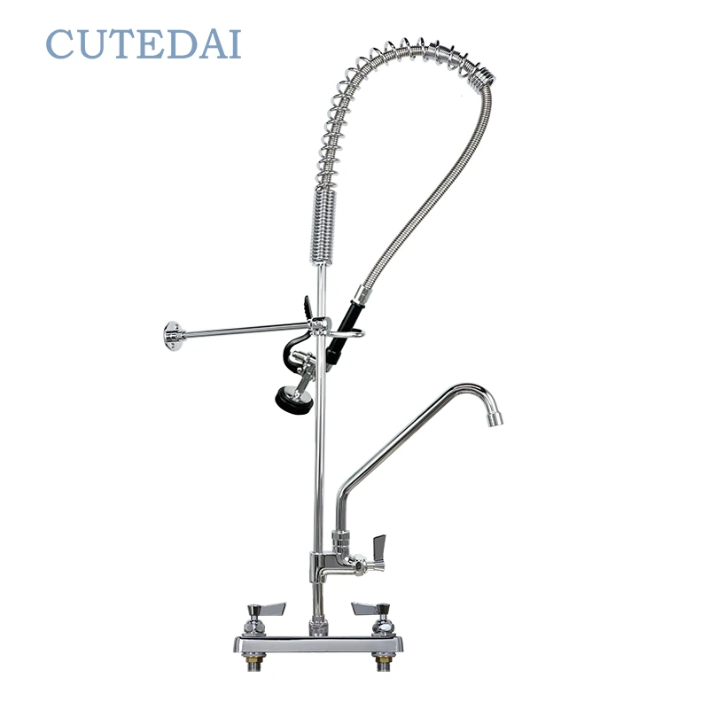 ก๊อกน้ำห้องครัว Master Gourmet Commercial Grade Bridge หัวฉีดแบบดึงลงทองเหลืองพร้อมระบบ Pre-Rinse ติดตั้งบนดาดฟ้า 2 รู 1