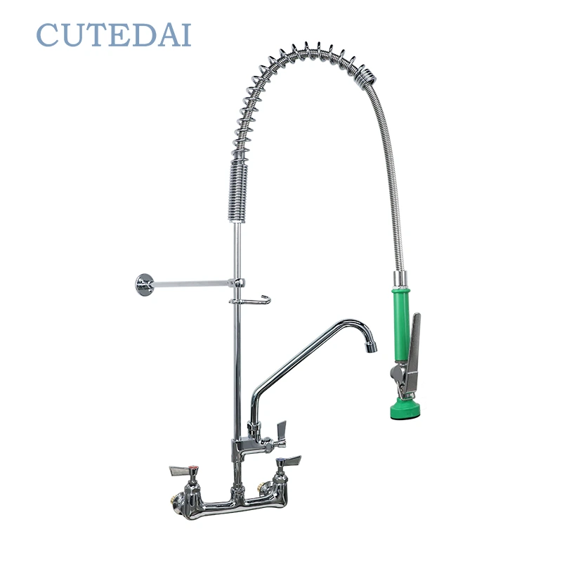 ก๊อกน้ำล้างล่วงหน้าสำหรับห้องครัวเชิงพาณิชย์ ก๊อกน้ำอ่างล้างหน้าแบบติดผนังทองเหลืองแบบมือจับคู่สำหรับโรงแรม ร้านอาหาร การออกแบบเชิงอุตสาหกรรมโดยตรง 1