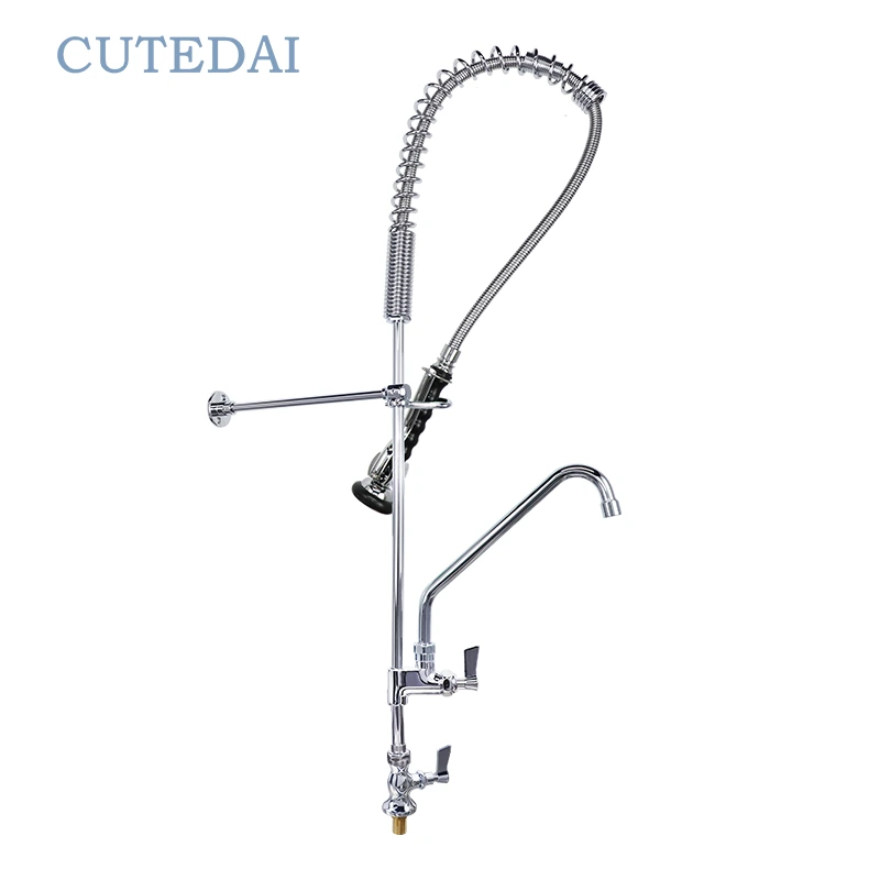 Torneira de cozinha contemporânea industrial em latão cromado, com 1 alavanca, alta pressão, ducha extensível e misturador para pré-enxágue. 1