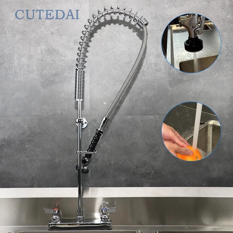 Brass+sus304 Deck Mount Pull Pre-rinse Industrial Commercial Kitchen Faucet Dual Handle Dishwasher Prerinse Taps 1
