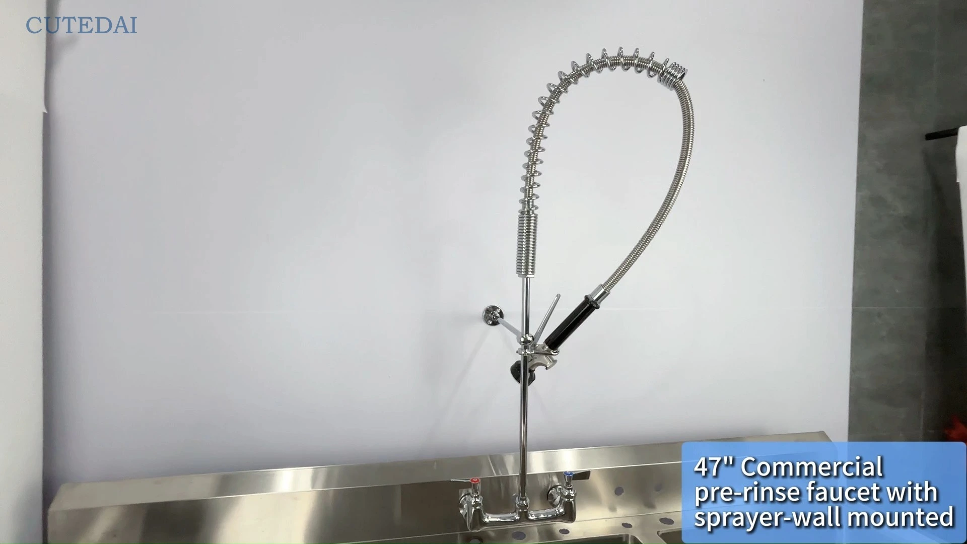 Pre-Rinse Industrial Kitchen Faucet Wall Mounted Double Handle Brass Faucet Pull Dish Sprayer 2 Holes Installation for Hotels 1