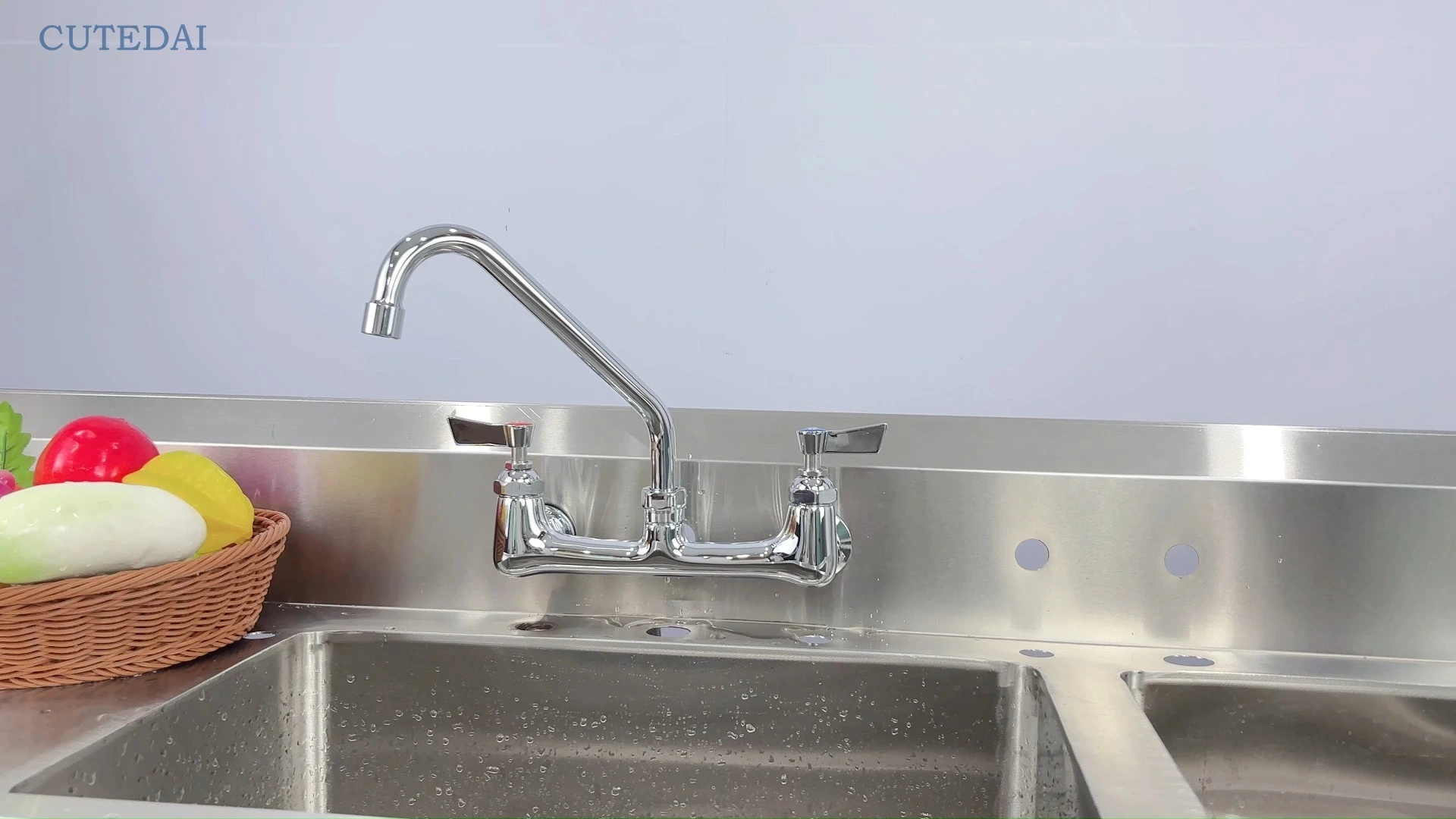 Klasyczny, przemysłowy, dwuuchwytowy, ścienny, chromowany kran kuchenny, mosiężny rdzeń zaworu, do użytku hotelowego i kuchennego, 3-letnia gwarancja 1