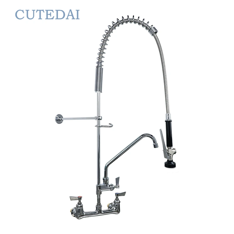 ก๊อกน้ำล้างล่วงหน้าแบบ 2 รูแบบอุตสาหกรรมดั้งเดิม วาล์วสเปรย์ปรับได้ ติดผนัง พร้อมสายยางยืดหยุ่นสำหรับห้องครัวของโรงแรม 1