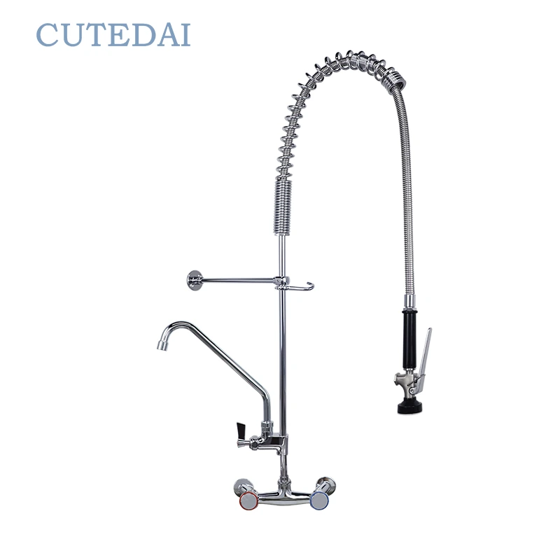 صنبور شطف مسبق للمطبخ التجاري، مثبت على الحائط، طراز نحاسي، مطعم فندق، صنبور شطف مسبق للمطعم، مصنع بفتحتين 1