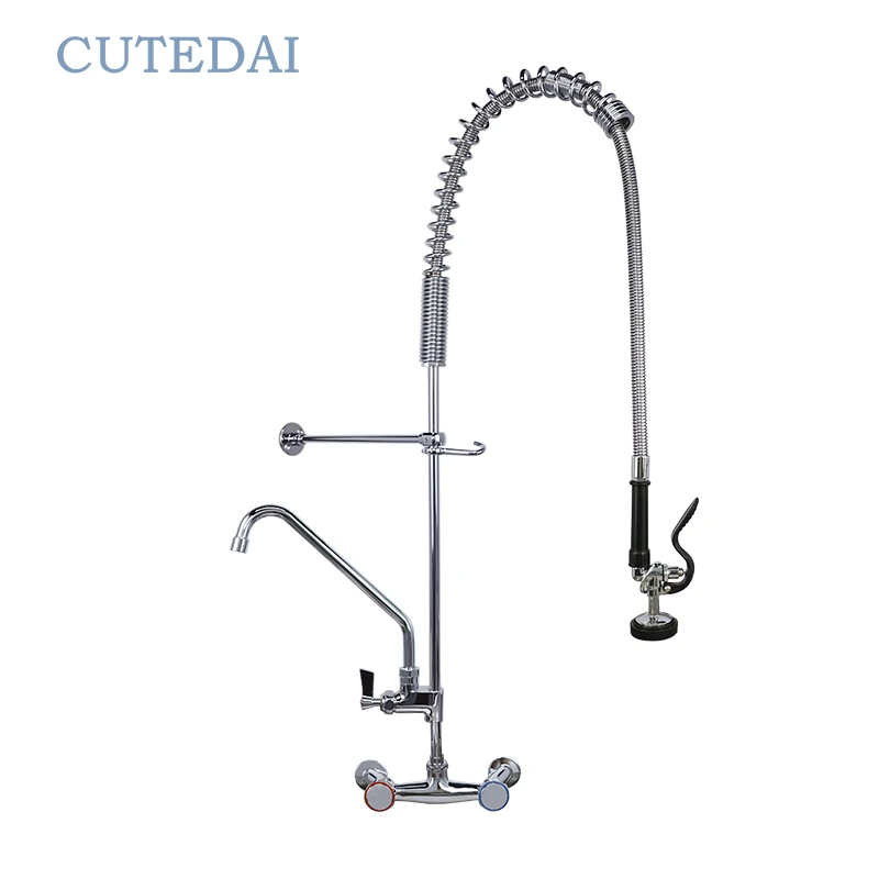 حنفية مطبخ تجارية حديثة من الكروم بمقبضين قابلة للسحب للأسفل، خلاط مياه مرن، مثبت على الحائط، حنفيات حوض غسيل مسبق 1