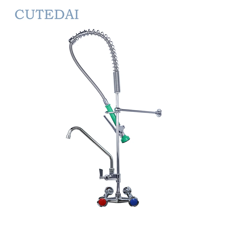 Classic Brass Chrome 2-Handle Pull-Down Spray Kitchen Faucet Wall-Mounted Commercial Catering Unit Tap Industrial Design for 1