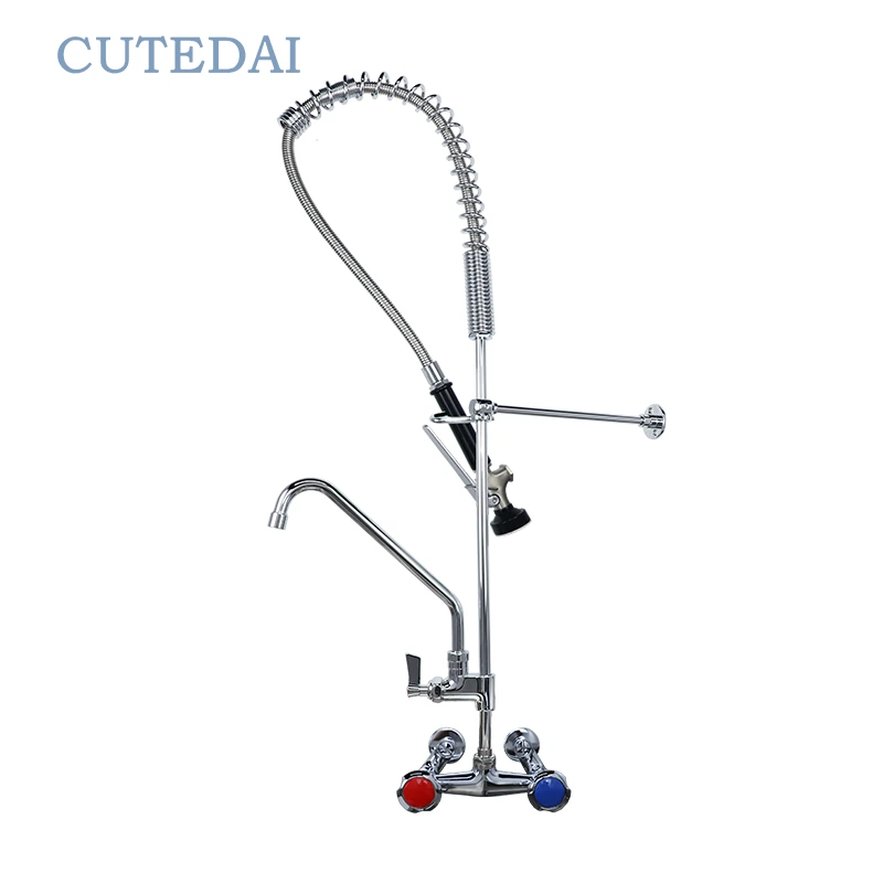 Χονδρική Επαγγελματική Εμπορική Βρύση Νεροχύτη Κουζίνας με Προ-Ξέβγαλμα από Ορείχαλκο Βιομηχανικού Σχεδιασμού 2 Τρύπες Ξενοδοχεία Εστιατόρια 1