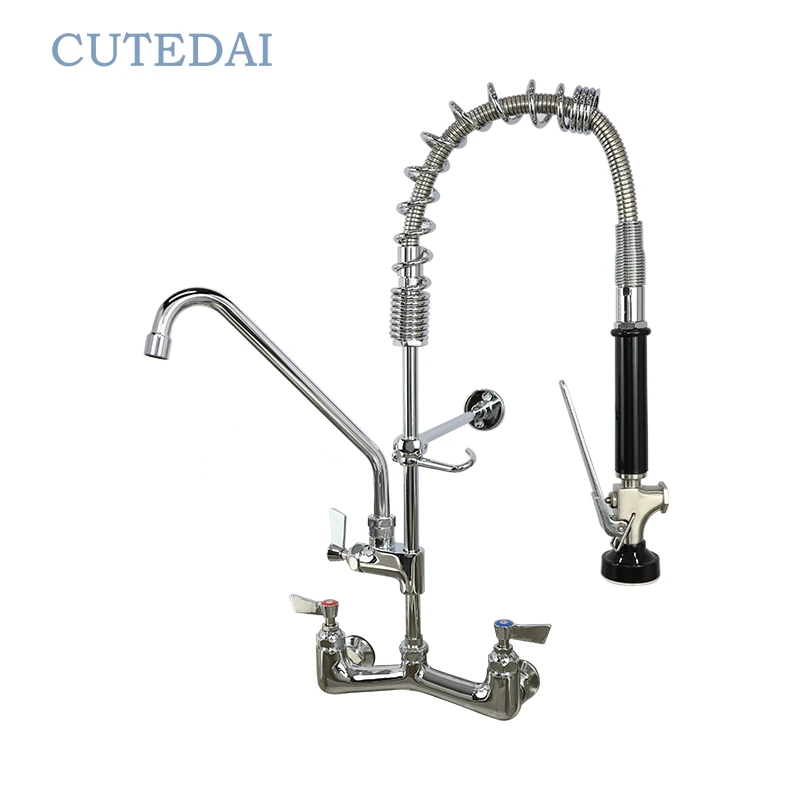 صنبور حوض مطبخ تجاري بارتفاع 47 بوصة، مصنوع من الكروم، بمقبضين، ومزود ببخاخ قابل للسحب، مناسب للمطاعم والمطابخ الصناعية، يُثبت على الحائط بفتحتين 1